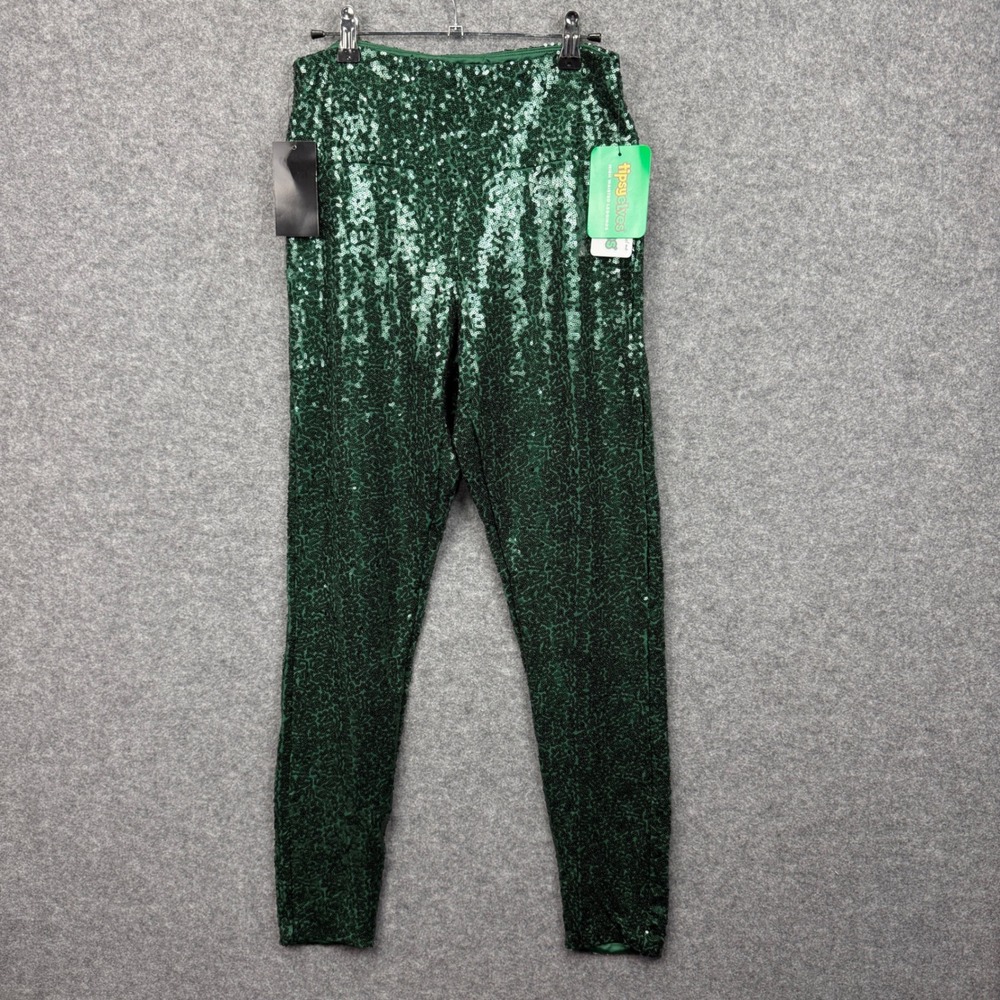 Tipsy Elves Womens Dark Green Sequin High Waisted Leggings Size M NWT TE-OWP343M